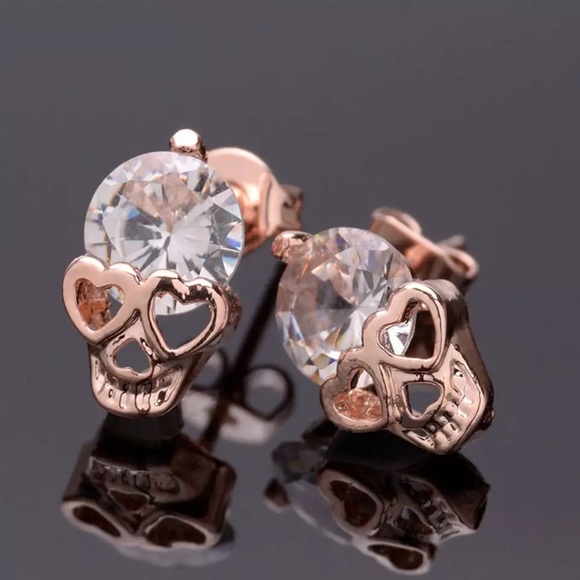 Jewelry - Rose Gold Skull Heart Crystal Earrings